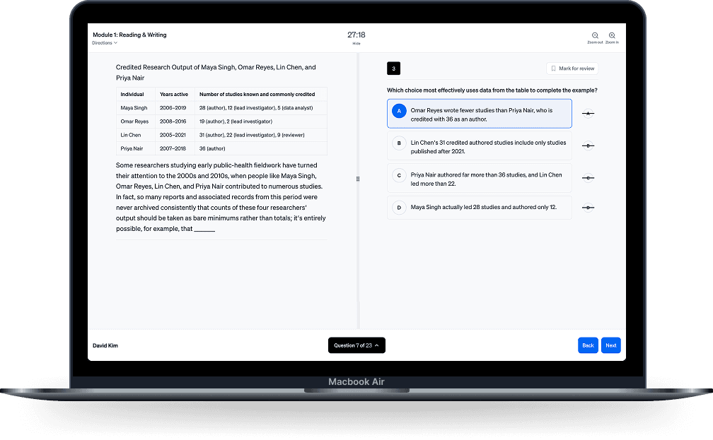 Digital SAT test interface on device